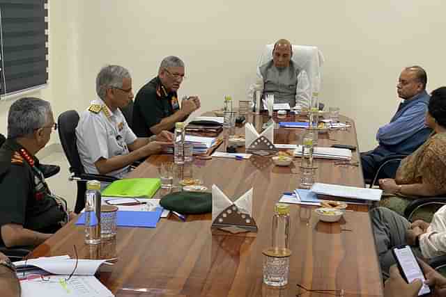 Defence Minister Rajnath Singh held a review meeting with CDS General Bipin Rawat and others (Pic via Twitter)