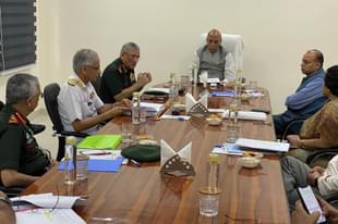 Defence Minister Rajnath Singh held a review meeting with CDS General Bipin Rawat and others (Pic via Twitter)