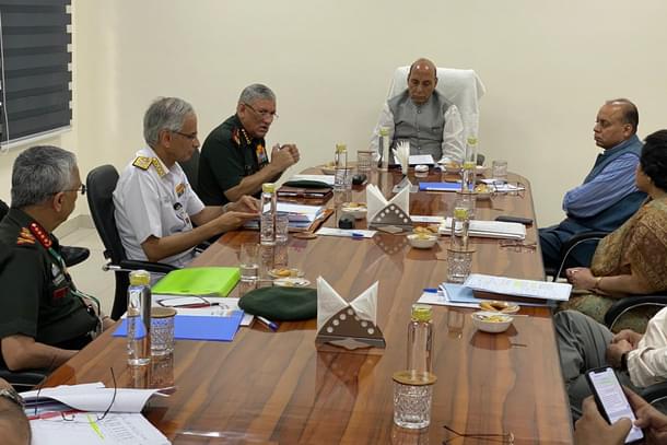 Defence Minister Rajnath Singh held a review meeting with CDS General Bipin Rawat and others (Pic via Twitter)