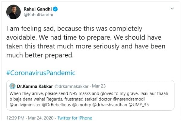 Screenshot of Rahul Gandhi’s tweet&nbsp;