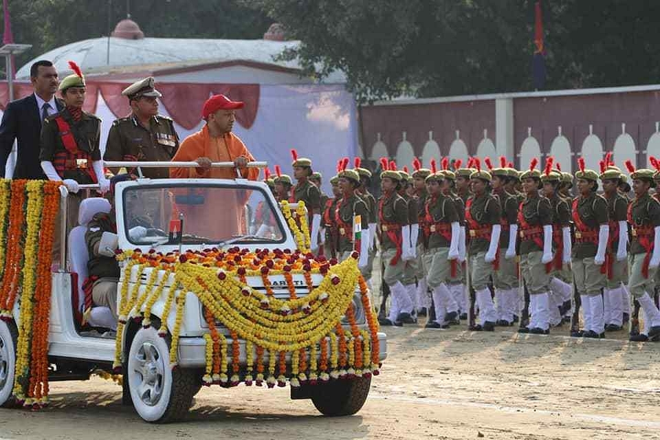 Uttar Pradesh Chief Minister Yogi Adityanath reviewing a police parade.&nbsp;