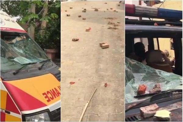 The ambulance that was attacked and the bricks used for the purpose. 
