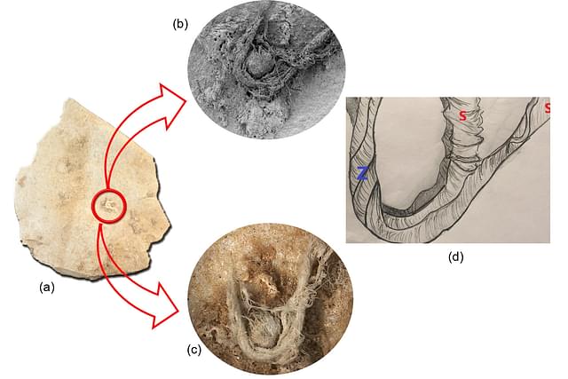 a. Neanderthal artefact G8 128 showing the chord b.SEM of chord fragment c.3D Hirox photo of cord fragment d.schematic drawing illustrating artificial s and Z twist [From ‘Direct evidence of Neanderthal fibre technology and its cognitive and behavioral implications’, nature.com, Scientific Reports]
