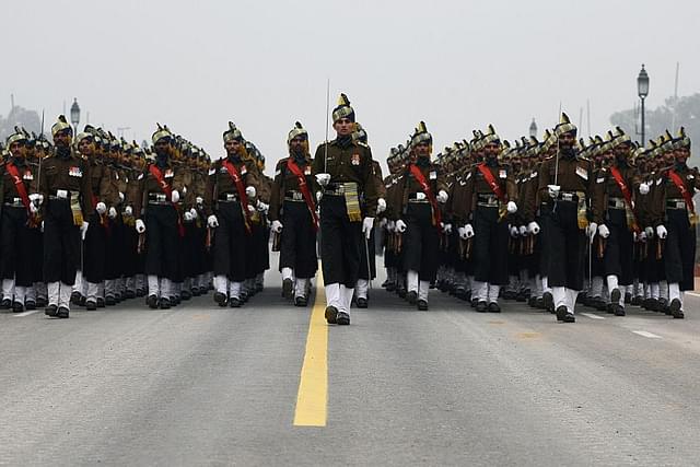 An Indian Army contingent rehearses for Indian Republic Day parade along Rajpath in New Delhi.&nbsp; (MONEY SHARMA/AFP/Getty Images)