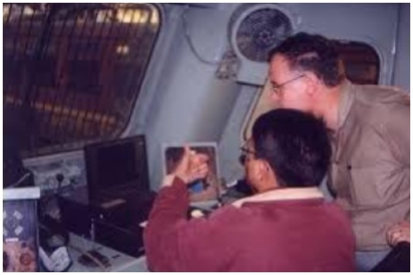 The author (left), with Swiss engineer Hansueli Waiti, who was tasked with software documentation at Gomoh, testing the new control software for WAP7 class on a WAG9 locomotive (1999) 