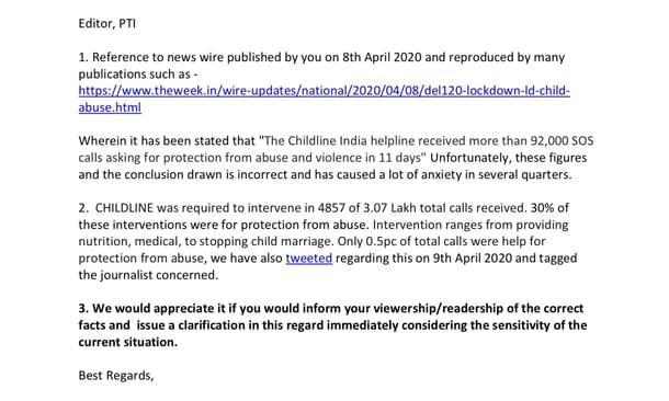 Email by the helpline to editor of PTI on 12 April