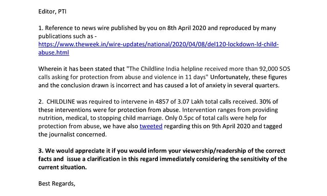 Email by the helpline to editor of PTI on 12 April