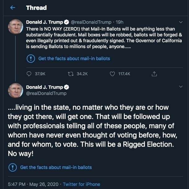 Screenshot of Trump’s flagged tweet thread