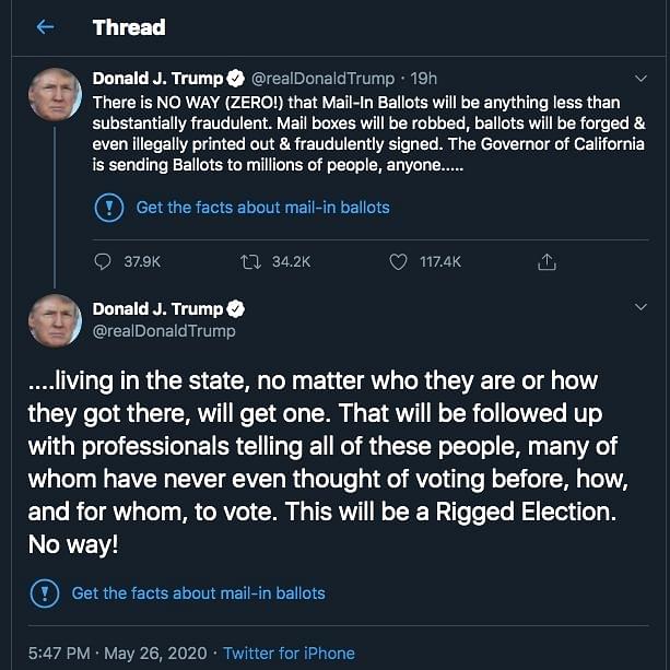 Screenshot of Trump’s  flagged tweet thread