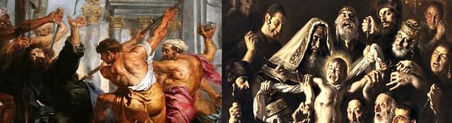 Left: 17th century painting showing fabricated account of murderous Hindu priests killing St Thomas used in 21st century (Dec, 2015) by Haaretz. Right: 21st century painting by Catholic painter Giovanni Gasparro showing fabricated account of blood libel on Jews.&nbsp;