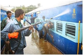 Indian Railways coaches being cleaned.&nbsp;