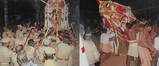 Kanyakumari district-2007:  Police attacks unarmed Hindus carrying the Goddess, and toppling the Goddess. Even women were not spared. A Hindu woman died in police lathi charge.