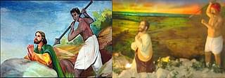 [Left] Mural of the ‘martyrdom’ of St Thomas with dark-skinned Hindu native treacherously killing the apostle-shown in the BBC report on 1999 Papal visit to India. [Right] A similar depiction of a Hindu treacherously killing St. Thomas as diorama kept in the Church exhibit.