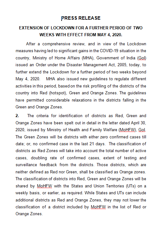 Press Release extending the lockdown (@ANI/Twitter)