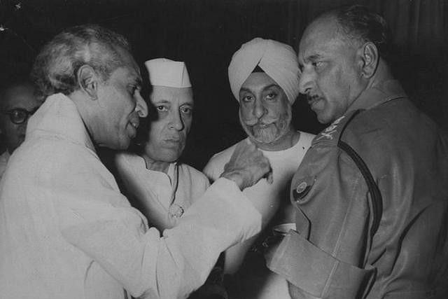 From left to right, defence minister V K Krishna Menon, prime minister Jawaharlal Nehru, junior defence minister Majithia and General K S Thimayya. 