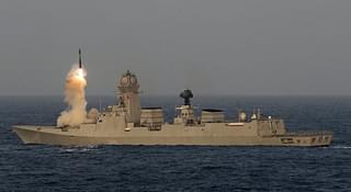 The BrahMos missile being test fired from INS Chennai.&nbsp;