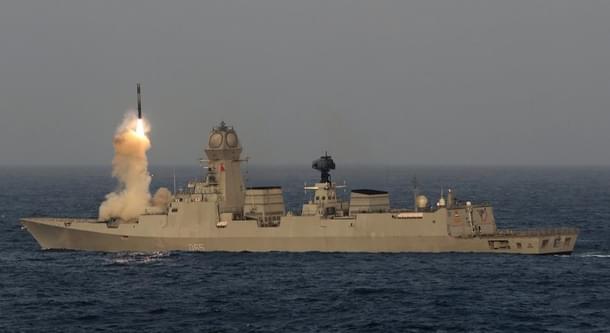 The BrahMos missile being test fired from INS Chennai. 