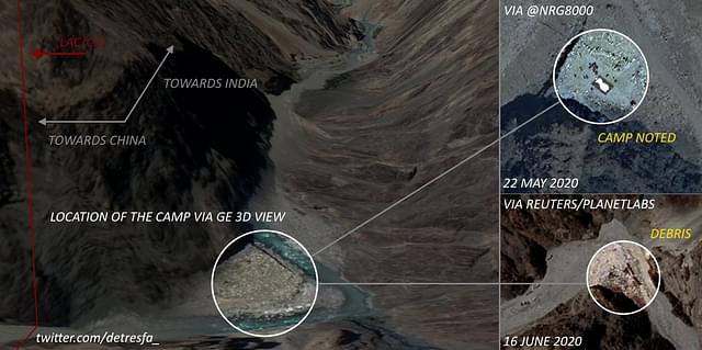 While a satellite image from 22 May shows a camp near PP14, debris is visible around that point on 16 June. This is in line with reports, which said that the Indian soldiers dismantled a Chinese camp here. (Satellite imagery analysed by @detresfa)