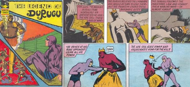 ’The Legend of Durugu’:  Children learn how idol-worship is superstition and makes you violent.  Superstitious and violent tribes worship ‘ape-god idol.’