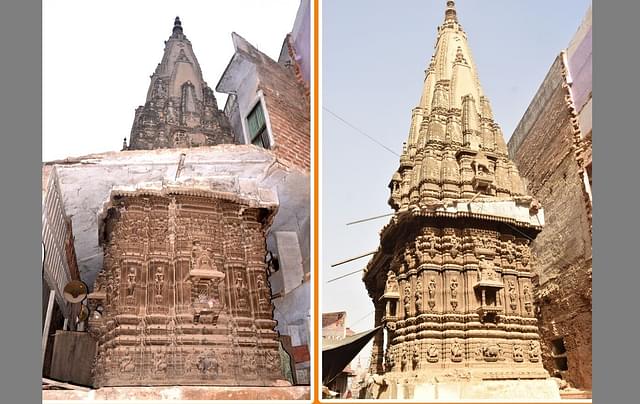 Temples found during the clearance for the Kashi Corridor project. Left - Before , Right - After