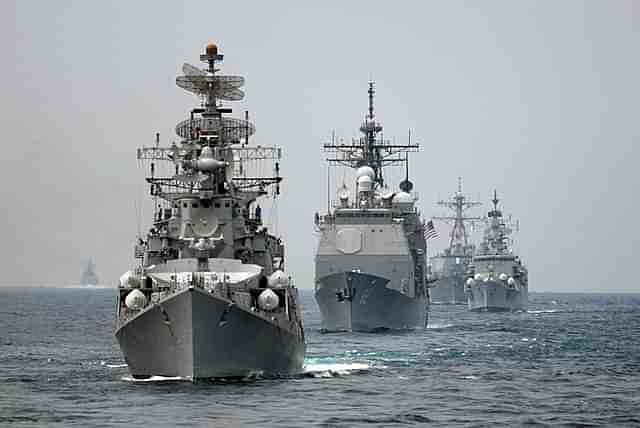 INS Rana leading a PASSEX formation (Representative Image) (Pic Via Wikipedia)