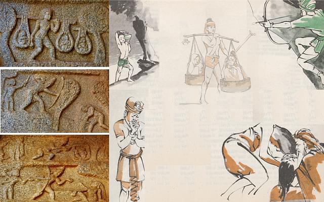 left: panels from Vijayanagar 16th century right: illustration by S.Sen Roy for ‘Stories of Valour’, ‘Nehru Bal Pustakalaya’, 1972