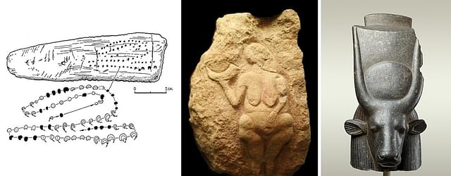 Paleolithic Lunar Calendar (30,000 BCE), Goddess holding crescent, Laussel, France (25,000 BP), Sacred Cow with celestial disc Egypt (about 3000 BCE)