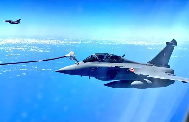 An IAF Rafale during in flight refueling on its way to India. (Indian Embassy in France/Twitter)