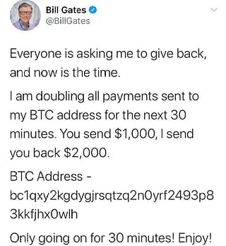 screenshot of Bill Gates' tweet which was posted by hackers