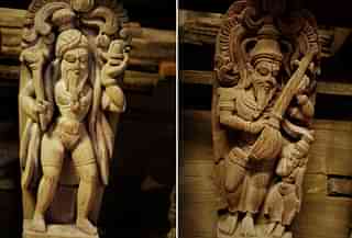 Beautifully called wooden sculptures:&nbsp; a sage with Sivalinga and Narada. (19th century)