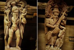 Beautifully called wooden sculptures:  a sage with Sivalinga and Narada. (19th century)