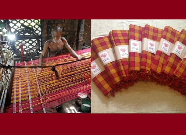 The Yaksha saree being woven by Padmanabha Shettigar (left); Yaksha Saree (Right