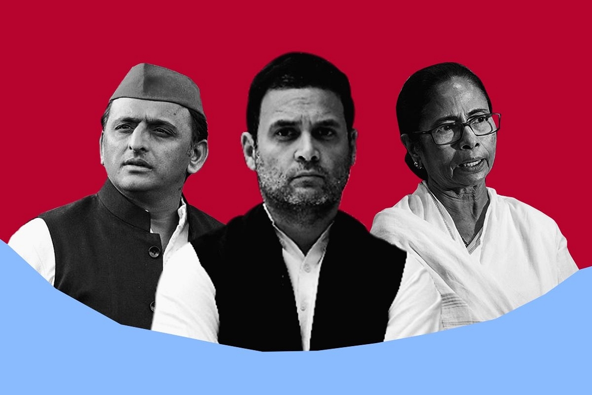 From left to right, SP chief Akhilesh Yadav, Congress leader Rahul Gandhi and West Bengal chief minister Mamata Banerjee. (Graphics: Swarajya Magazine)