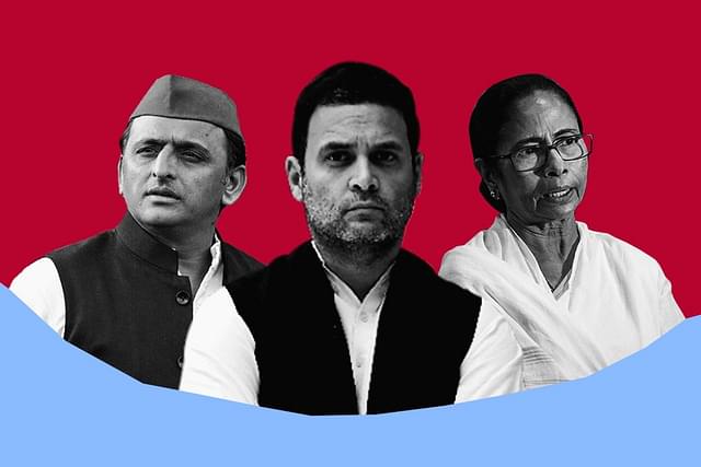 From left to right, SP chief Akhilesh Yadav, Congress leader Rahul Gandhi and West Bengal chief minister Mamata Banerjee. (Graphics: Swarajya Magazine)