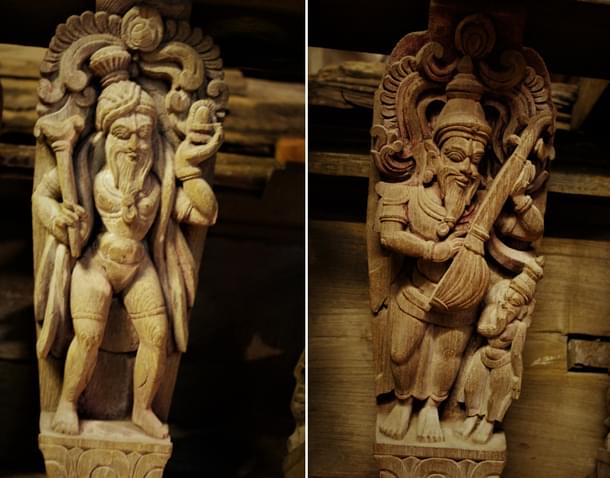 Beautifully called wooden sculptures:  a sage with Sivalinga and Narada. (19th century)