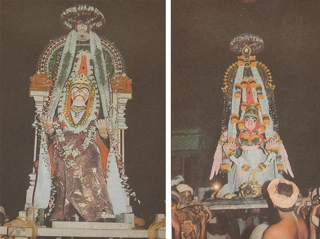 Festival Vahanas of Vaikundar: Hanuman as Vahana (left) and Garuda as Vahana (right)