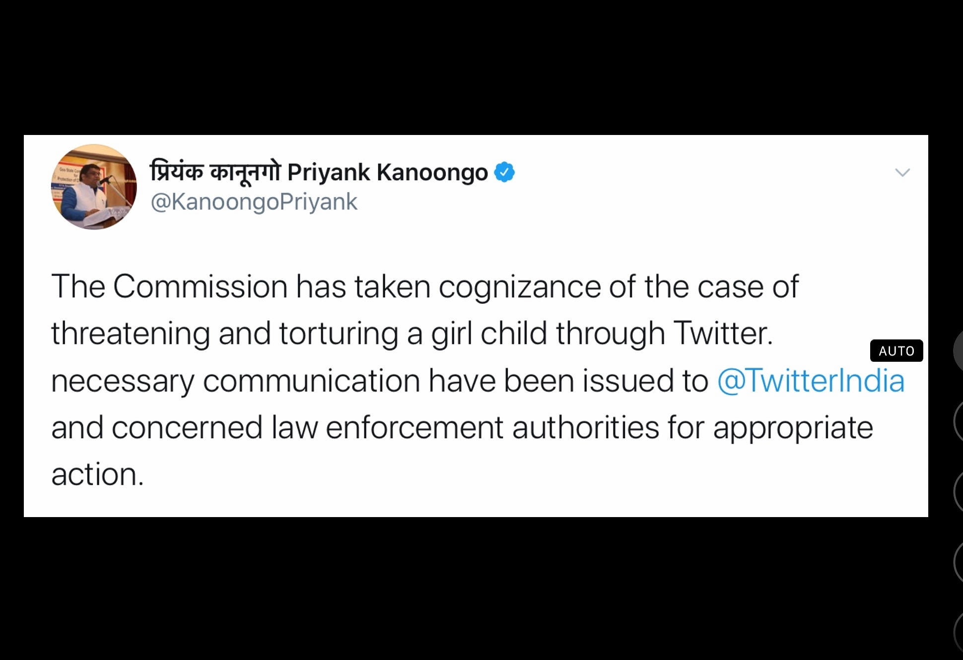 The tweet by commission’s chairman Priyank Kanoongo&nbsp;