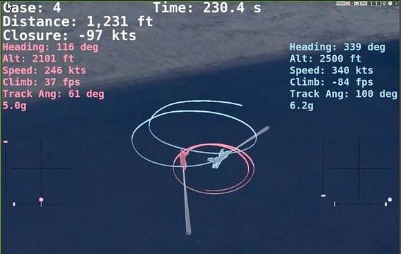 A screenshot from the AlphaDogfight challenge. (DARPA/PATRICK TUCKER)