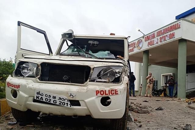 Police vehicle damaged in the Bengaluru riots 