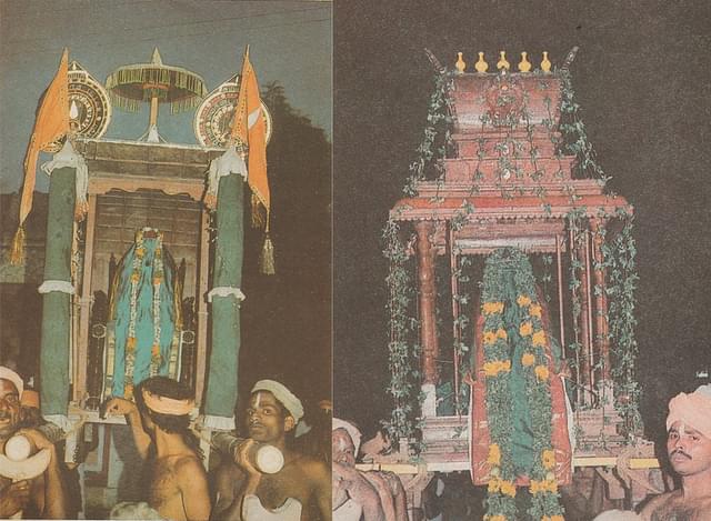 Vahanam for Vaikundar decked with saffron flags (left) and shaped like Gopuram (right)