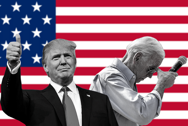 US President Donald Trump (left) and Democratic Party’s presidential candidate Joe Biden. (Illustration: Swarajya Magazine)