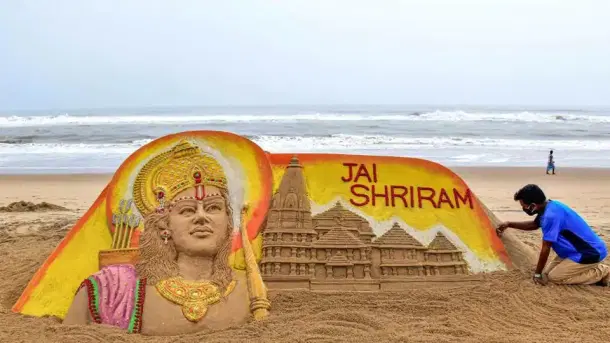 Artist Sudarsan Pattnaik makes a replica of Ram temple out of sand, on the eve of its ground-breaking ceremony in Ayodhya, on Puri beach (PTI)