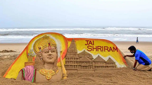 Artist Sudarsan Pattnaik makes a replica of Ram temple out of sand, on the eve of its ground-breaking ceremony in Ayodhya, on Puri beach (PTI)