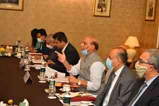 Defence Minister Rajnath Singh at the meeting with his Chinese counterpart (Priti Gandhi/Twitter)