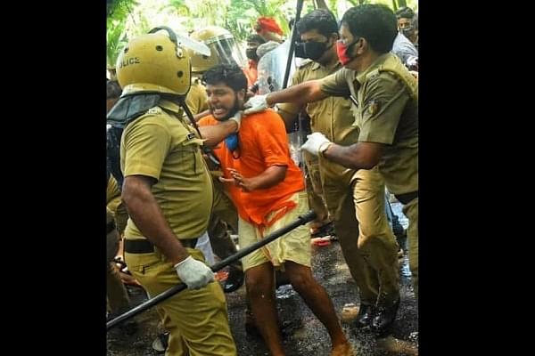 During the peaceful protests demanding resignation of CPM minister KT Jaleel in Kerala, the karyakartas of ABVP, BJP Mahila Morcha, Bharatiya Janata Yuva Morcha were allegedly brutally attacked by the police and Left-wing comrades (Source: @arun_saikrishna/Twitter)&nbsp;