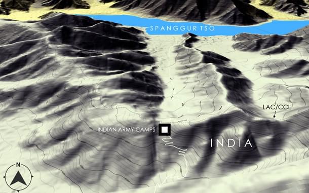 An elevation map of the area. Chinese camps are located in the valley, close to the shore of the Spanggur Lake. (@detresfa_/Twitter)
