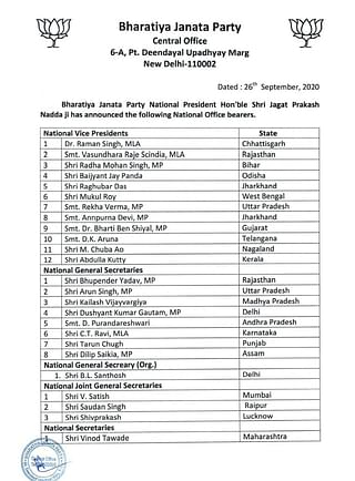 The list of new office bearers of the BJP.