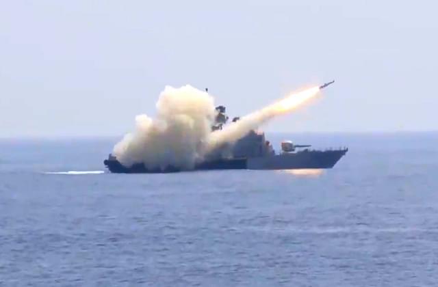 INS Prabal firing anti-ship missile. (Screengrab from a video posted by the Indian Navy)