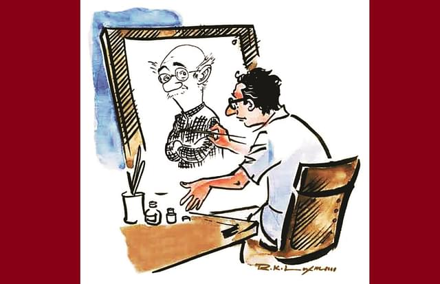 Coloured Sketch of R K Laxman painting the Common Man