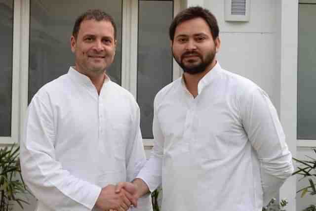 Congress leader Rahul Gandhi with RJD’s Tejashwi Yadav (File Photo)